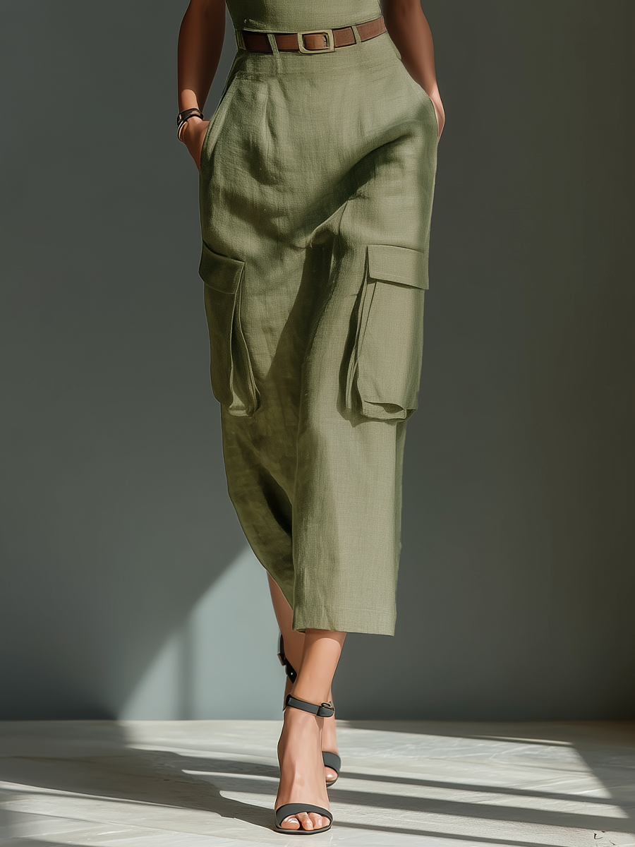 Olive Linen Cargo Belted Midi Dress