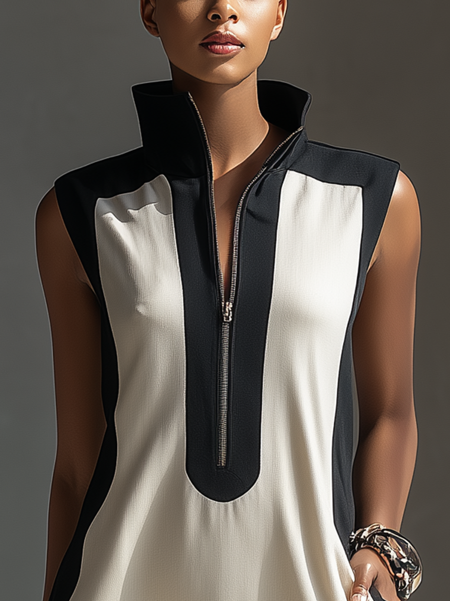 Black & White Color-Block Stand Collar Half-Zip Mini Dress