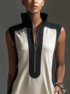 Black & White Color-Block Stand Collar Half-Zip Mini Dress