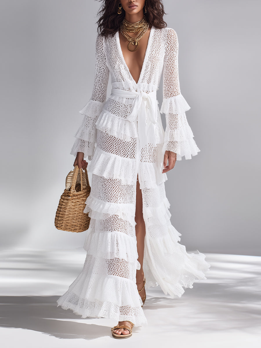 White Crochet Ruffle V-Neck Cardigan