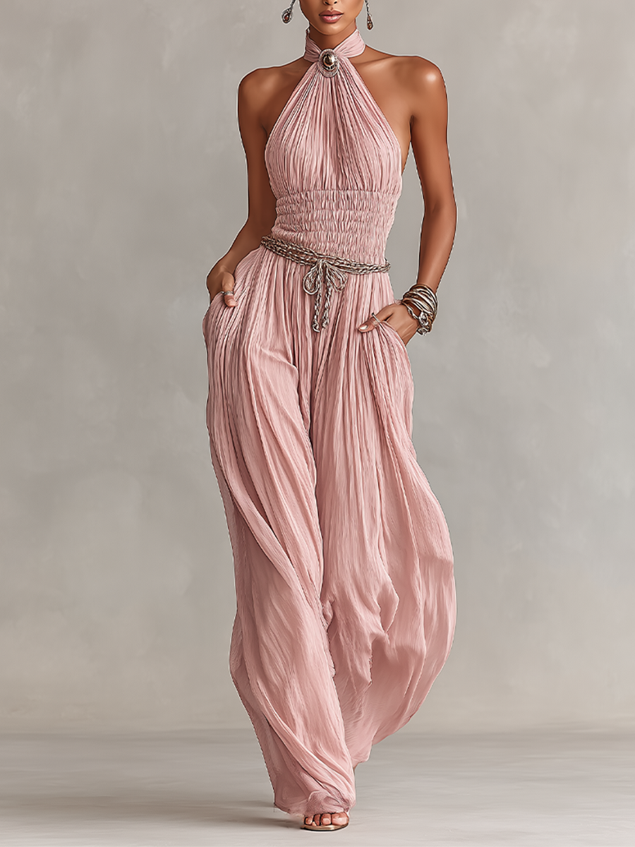Blush Halter Neck Pleated Ruched Jumpsuit