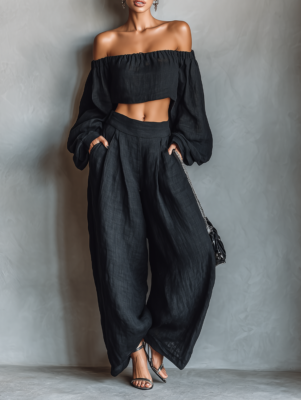 Linen Strapless Blouse & Wide-Leg Pants Set