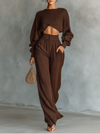 Coffee Knit Short Top & Wide-Leg Set