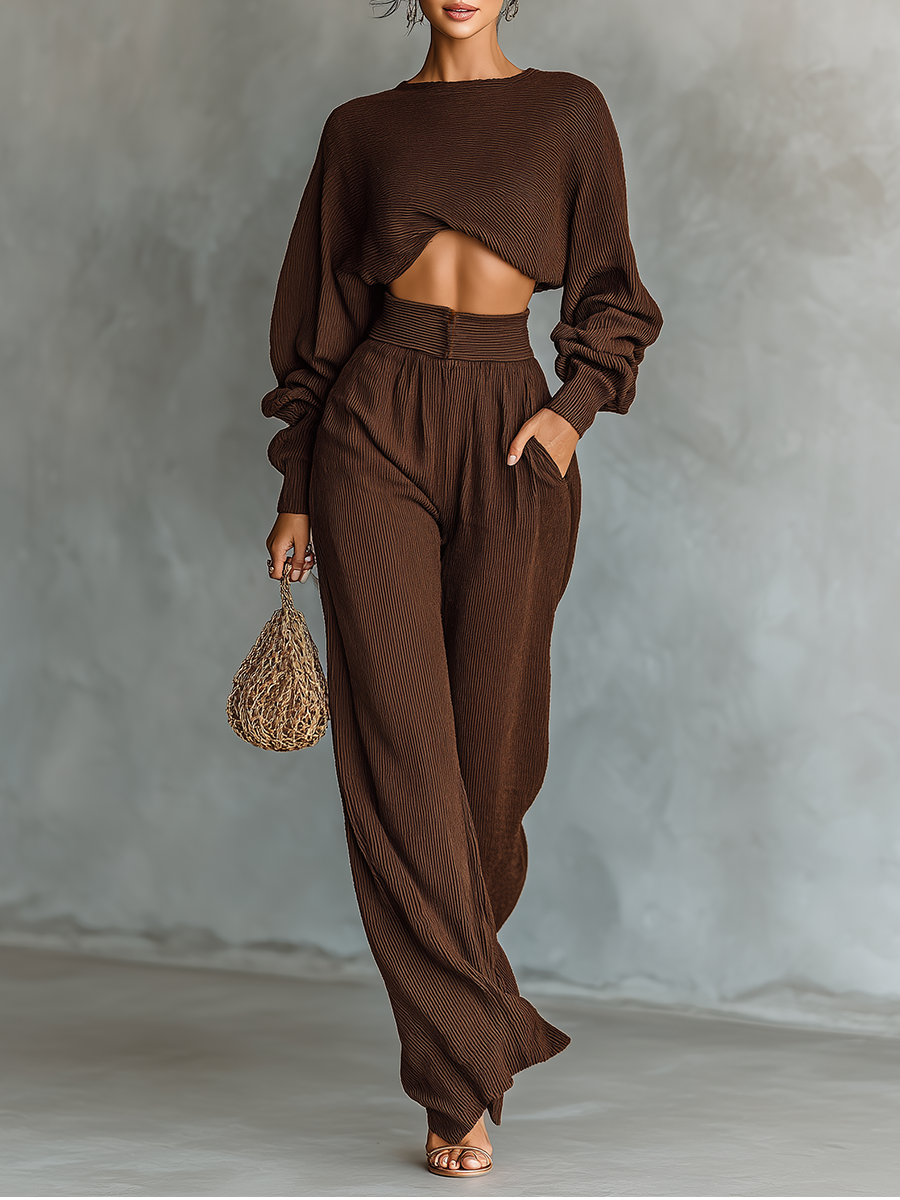 Coffee Knit Short Top & Wide-Leg Set