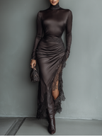 Women's Dark Brown Satin Irregular Hem Lace Slim Maxi Dress MDA0501H1T