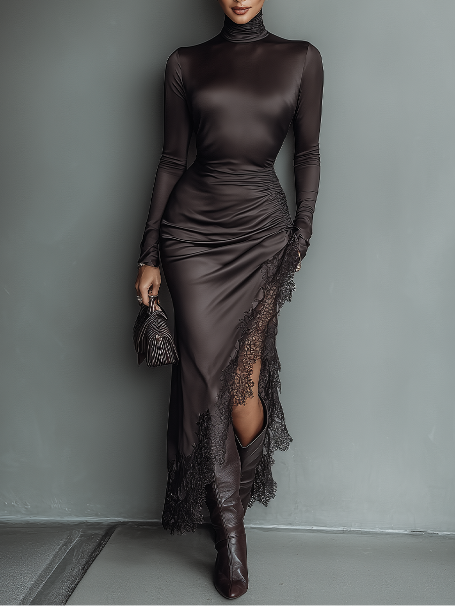 Women's Dark Brown Satin Irregular Hem Lace Slim Maxi Dress MDA0501H1T