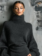 Charcoal Knit Turtleneck Oversized Midi Dress