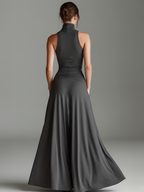 Charcoal Knit Halter Turtleneck Cutout Dress
