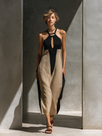 Black & Beige Halter Keyhole Color-Block Midi Dress
