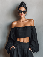 Linen Strapless Blouse & Wide-Leg Pants Set