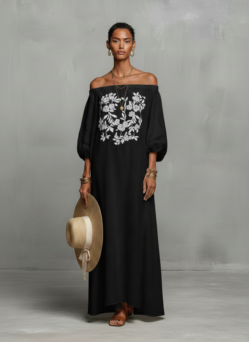 Women's Minimalist Off-the-shoulder Three-quarter Sleeve Embroidered Maxi Dress MDZ3063A3Y