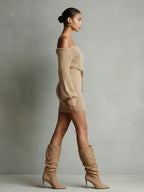 Camel Fuzzy Knit Off-Shoulder Belted Mini Dress