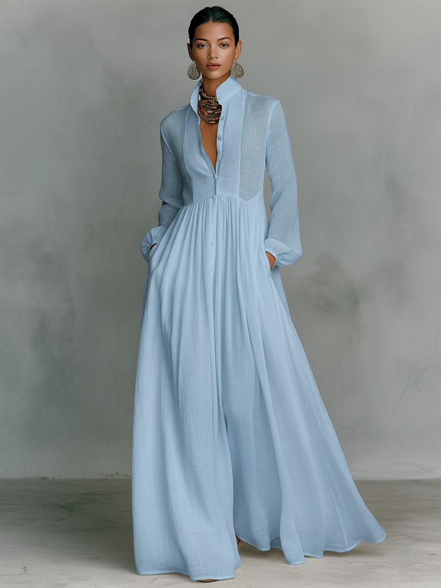 Cotton Linen Stand Collar Maxi Dress