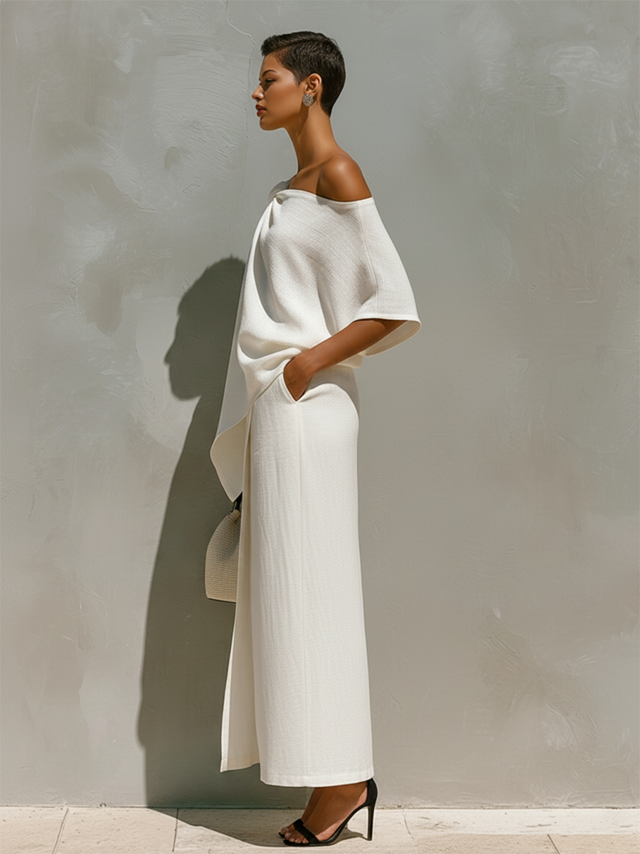 White Linen One-Shoulder Knot Slit Set