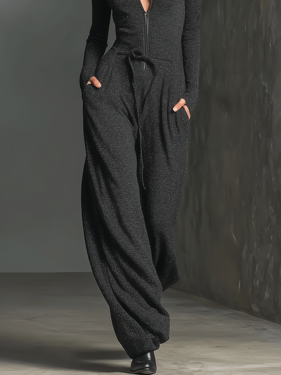 Sparkling Knit Zipper Front Jumpsuit