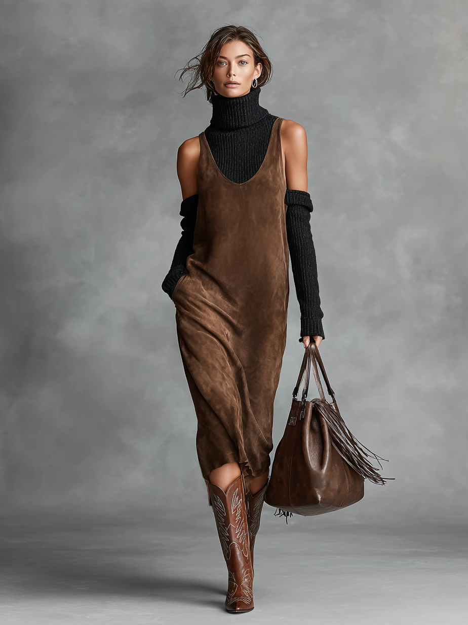 Suede U-Neck Sleeveless Tank Midi Dress