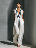 Women's White Linen Fabric Sleeveless Maxi Dress With Black Contrast Trim MDZ1973A8T