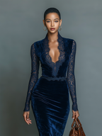 Velvet Lace-Trim V-Neck Midi Dress