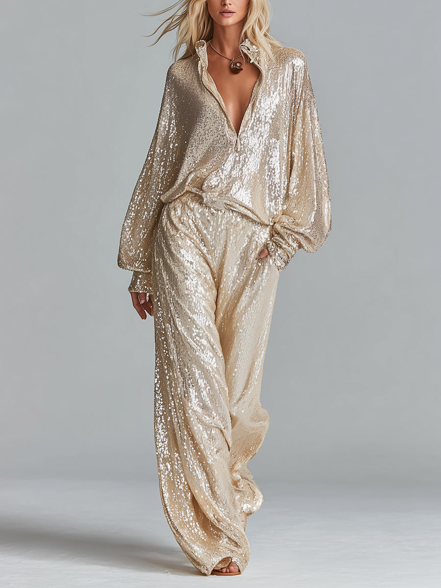 Gold Sequin Half-Zip Wide-Leg Party Set