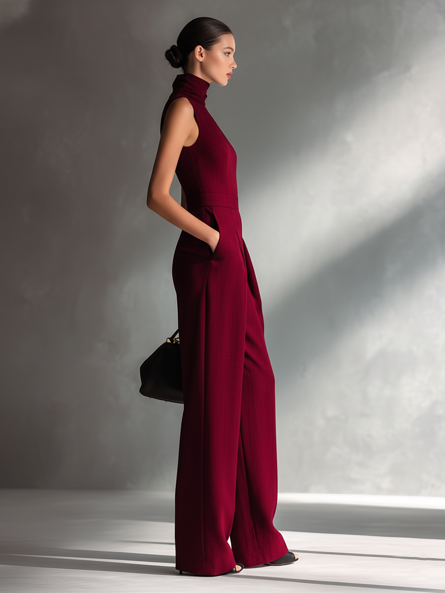 Burgundy Turtleneck Wide-Leg Jumpsuit
