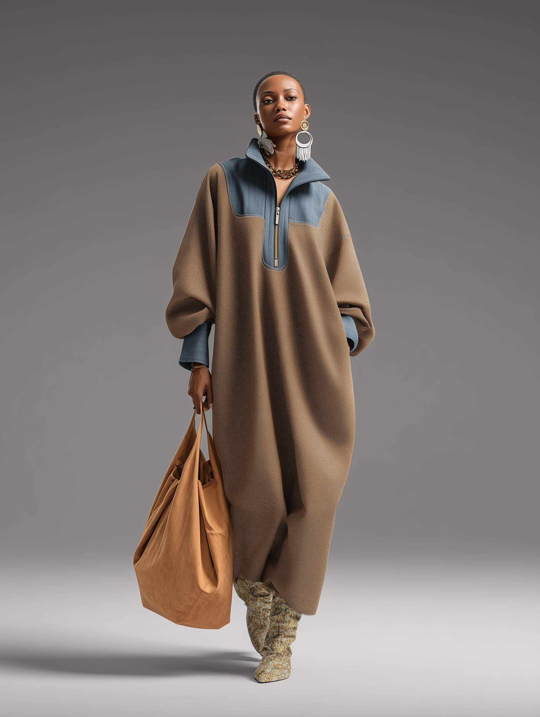 Brown & Denim Color-Block Long Dress