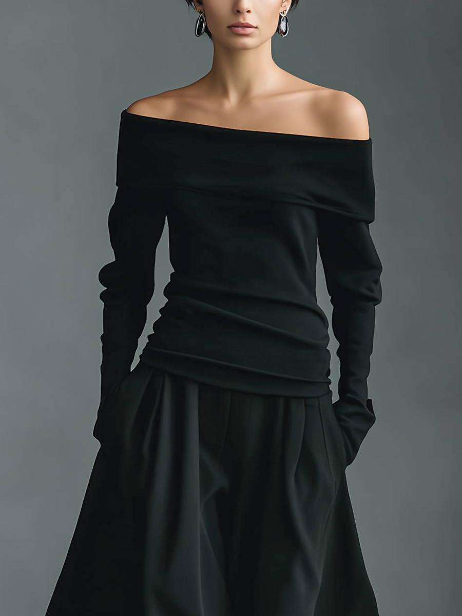 Off-Shoulder Knit Top & Woven Skirt Set