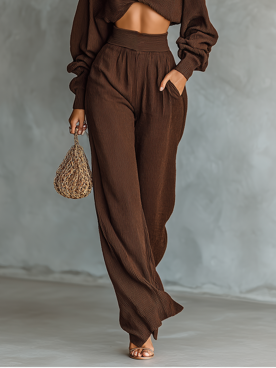 Coffee Knit Short Top & Wide-Leg Set