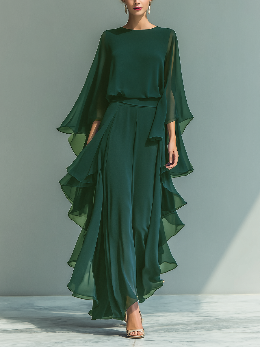 Navy Chiffon Flared Sleeve Top & Ruffled Trousers Set