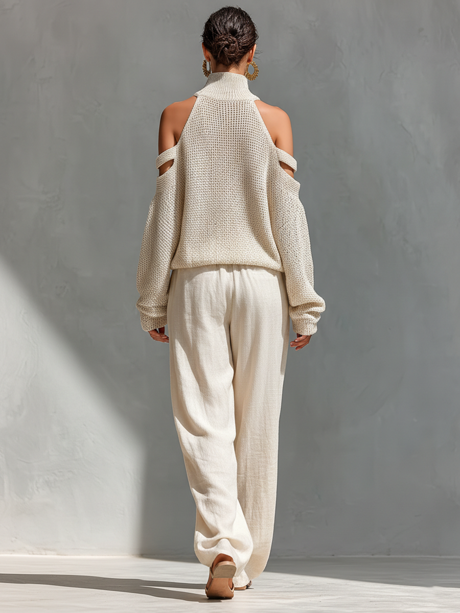 Knit Cold-Shoulder Top & Wide-Leg Pants Set