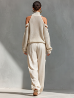 Knit Cold-Shoulder Top & Wide-Leg Pants Set