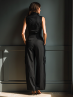 Linen Sleeveless Collared Cargo Jumpsuit