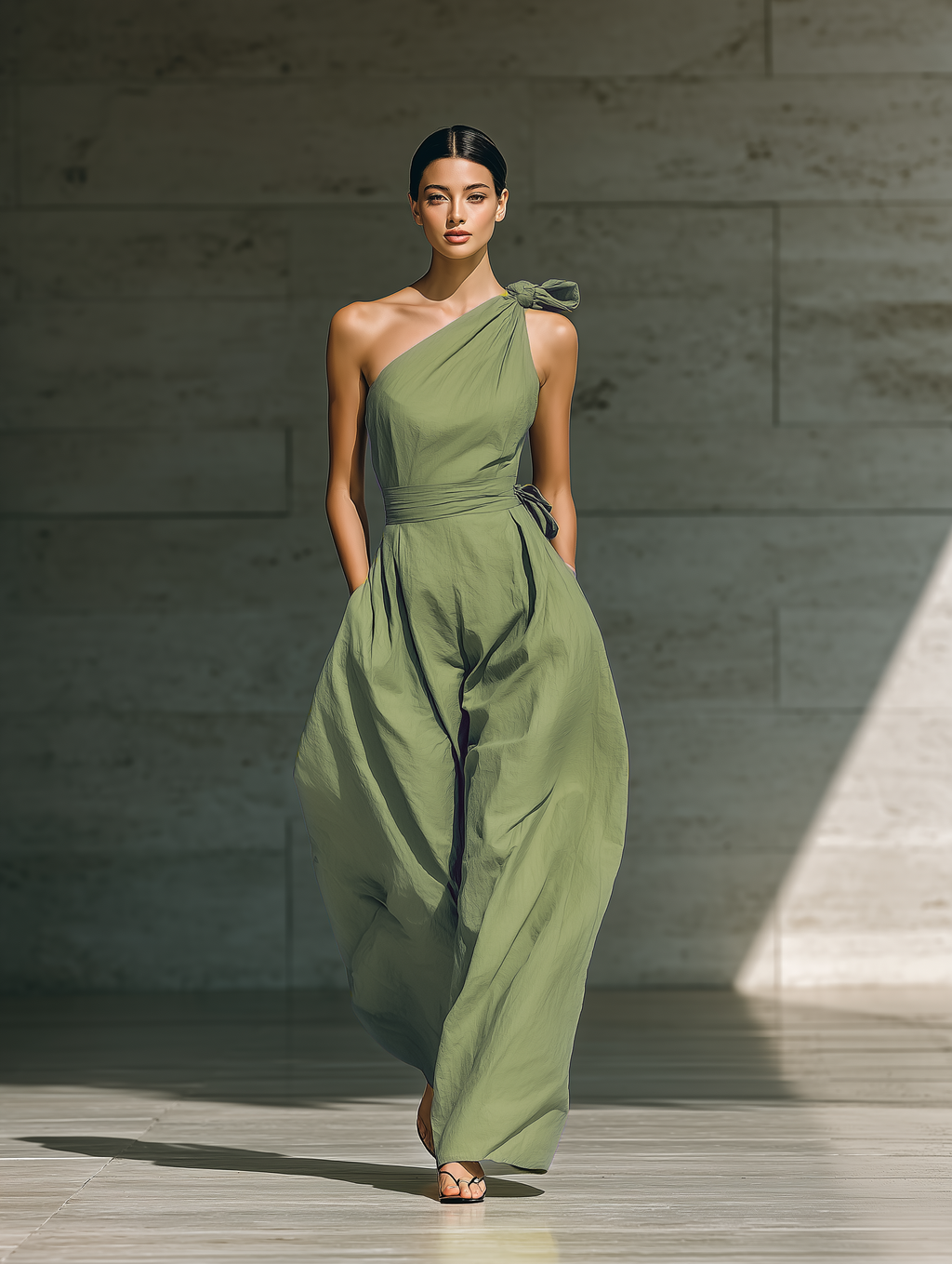 Light Green One-Shoulder Tie-Waist Wide-Leg Jumpsuit