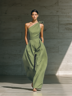 Light Green One-Shoulder Tie-Waist Wide-Leg Jumpsuit