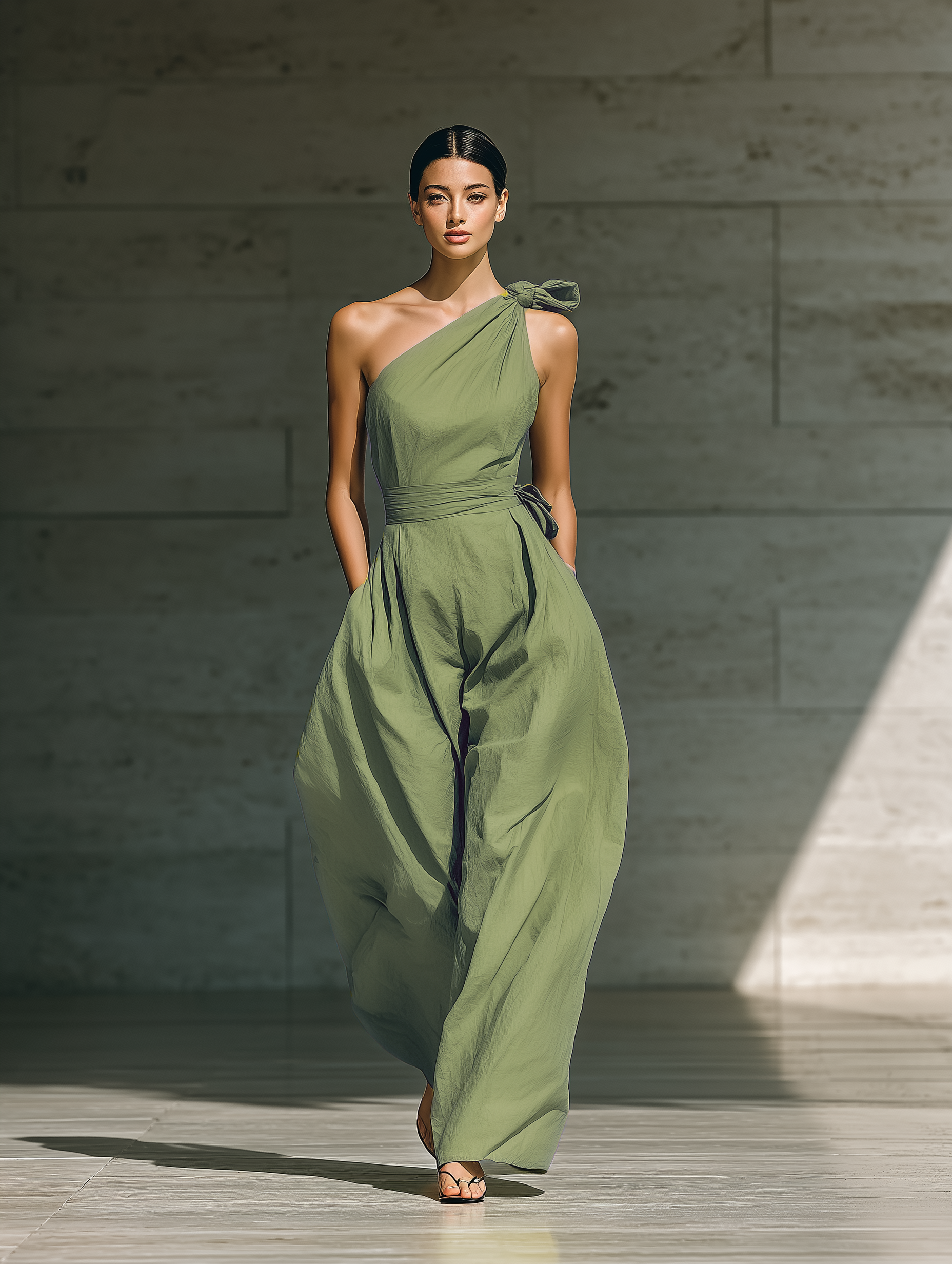 Light Green One-Shoulder Tie-Waist Wide-Leg Jumpsuit