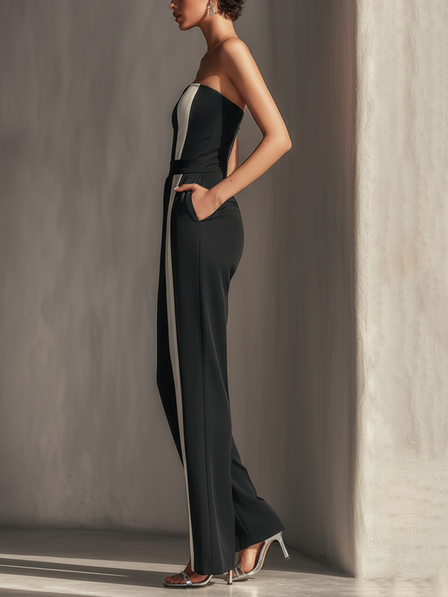 Black Strapless Striped Wide-Leg Jumpsuit