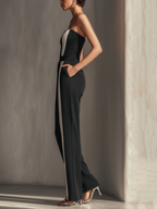 Black Strapless Striped Wide-Leg Jumpsuit