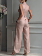 Blush Linen Lapel Vest & Wide-Leg Set