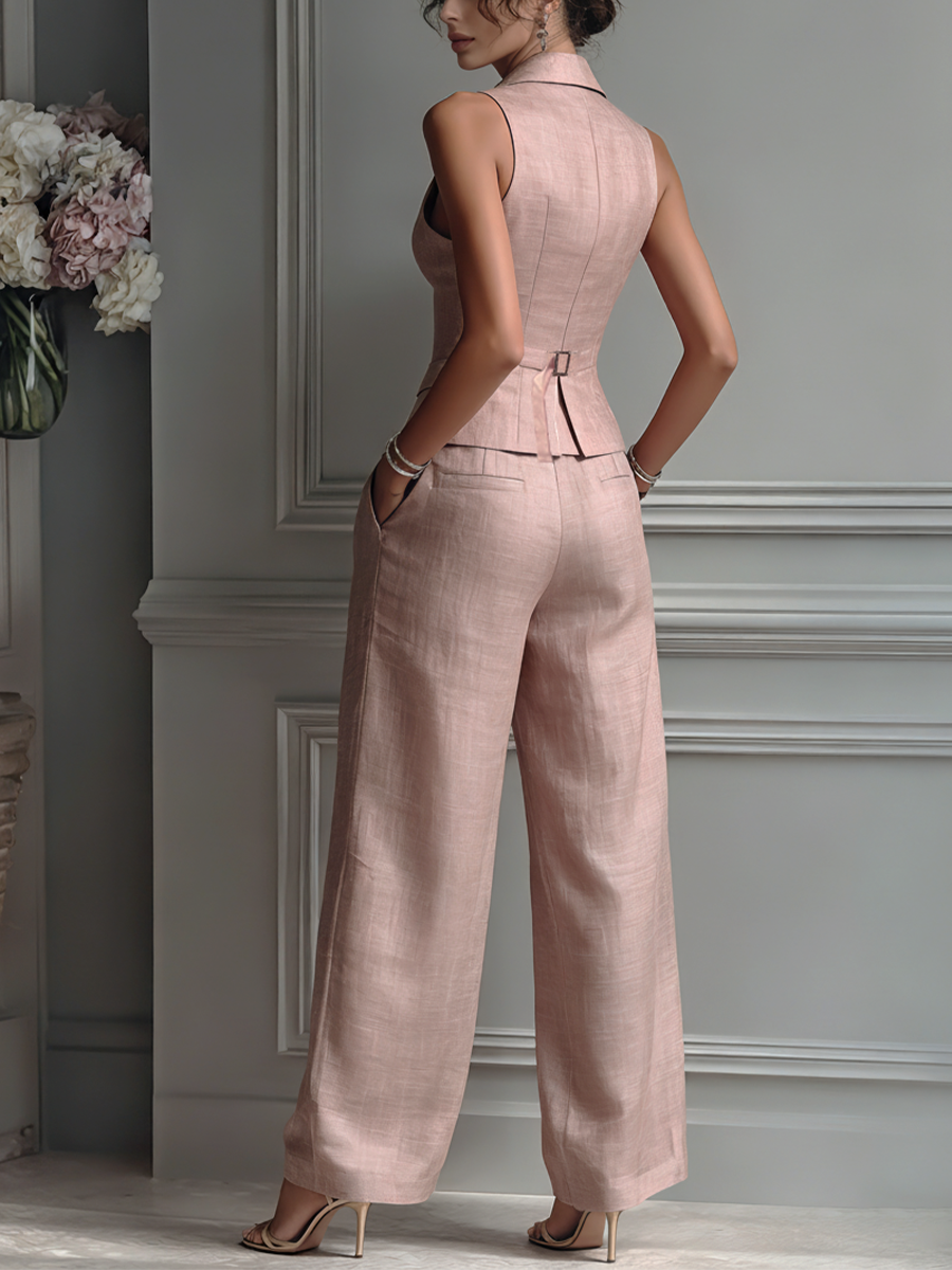 Blush Linen Lapel Vest & Wide-Leg Set