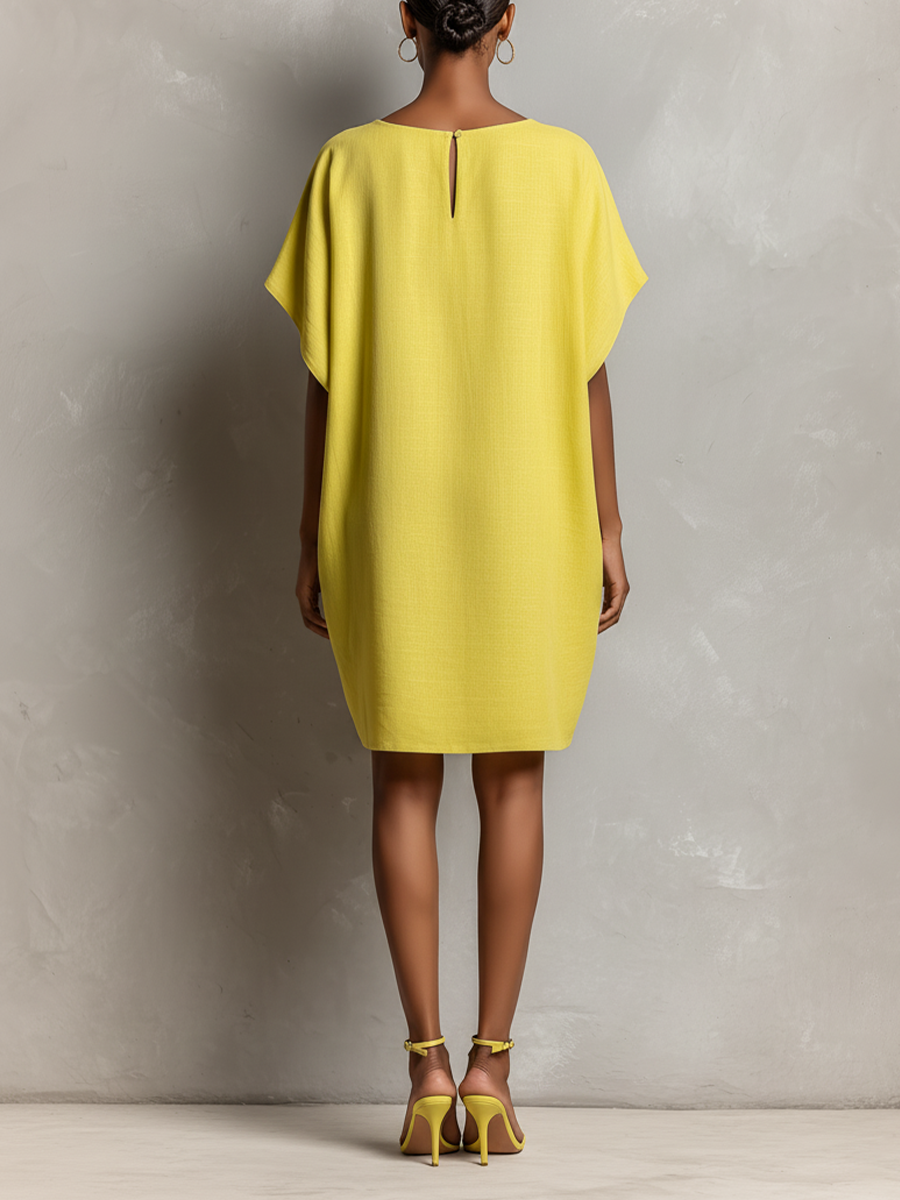 Lime Yellow Linen Batwing Sleeve Shift Dress