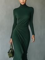 Dark Green High-Neck Knit Wrap Midi Dress