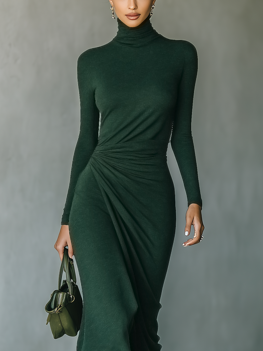 Dark Green High-Neck Knit Wrap Midi Dress