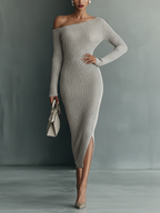 Grey One-Shoulder Knit Dress