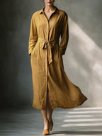 Mustard Linen Button-Front Belted Midi Shirt Dress