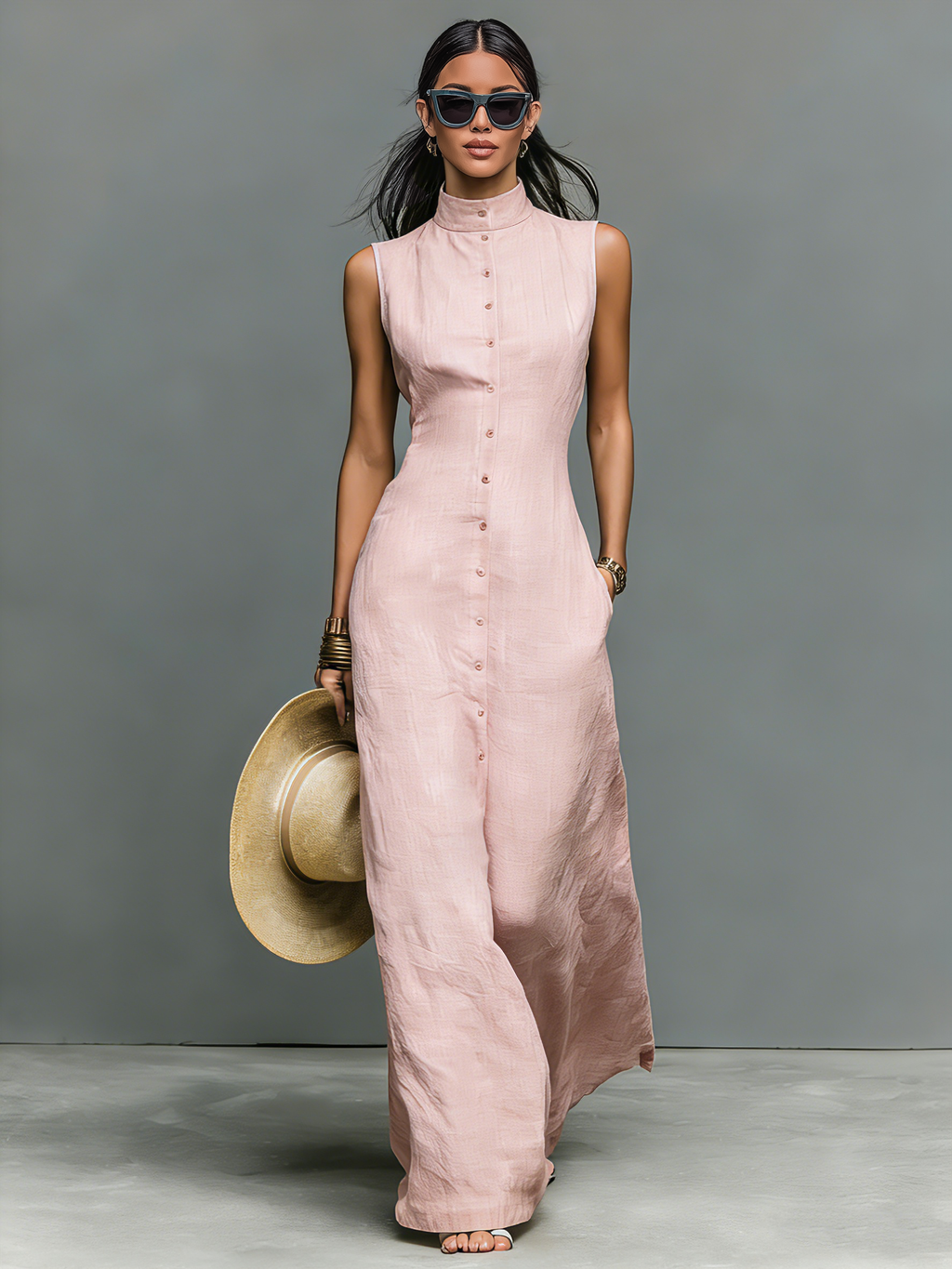 Women's Minimalist Linen-Blend Stand-Collar Single-Breasted Sleeveless Maxi Dress MDZ1049C1Y