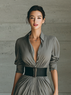 Ladies Lapel Long Sleeve Single Breasted Belt Maxi Dress MDA1758G1Y