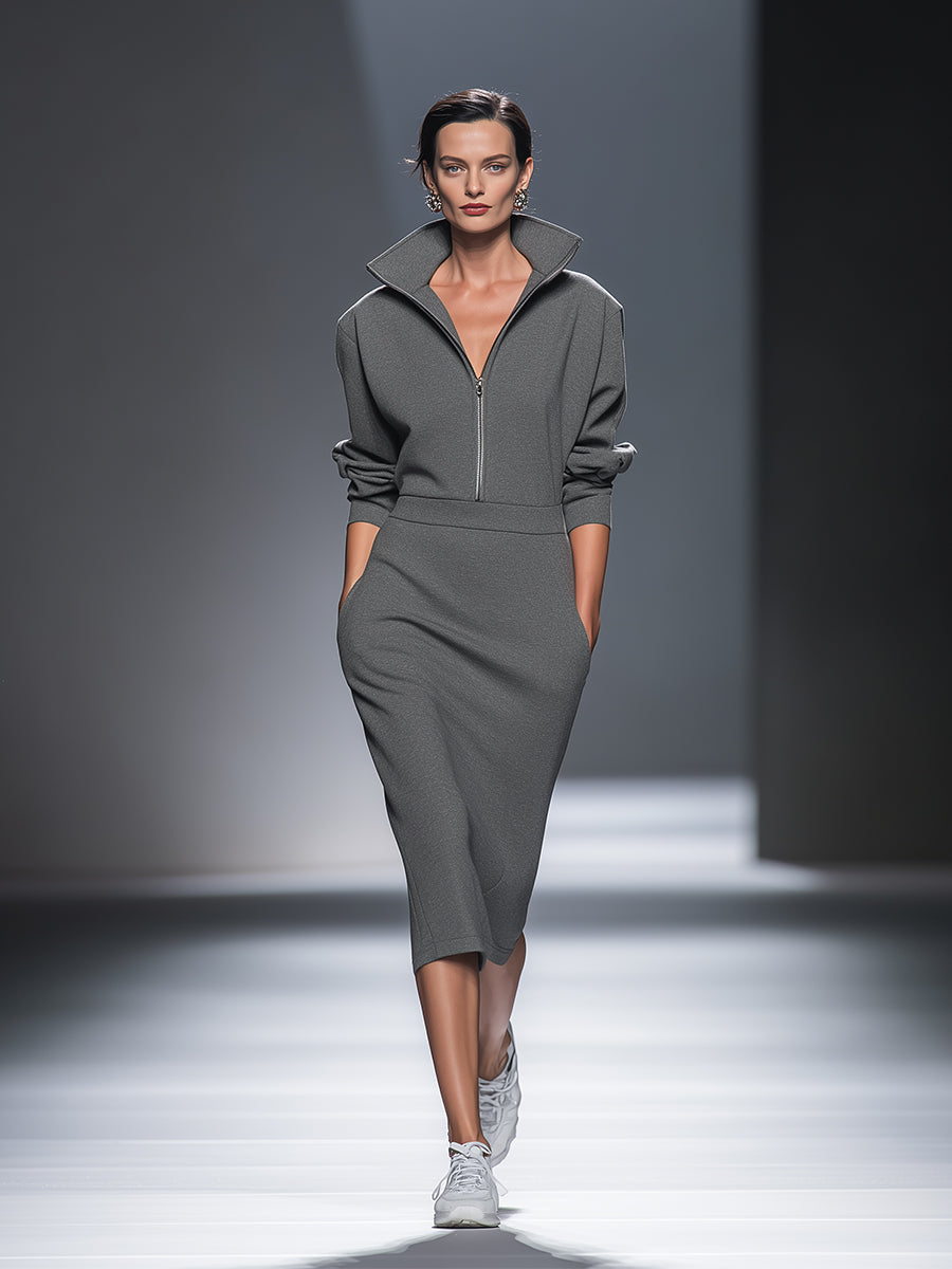 Half-Zip Cotton Midi Dress