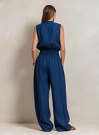 Dark Blue Cotton Linen Round-Neck Sleeveless Jumpsuit