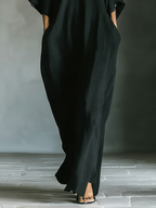 Women's Black Cotton Blend Fabric Oversized Kimono-Sleeve Maxi Dress With Pockets MDZ0577A3T
