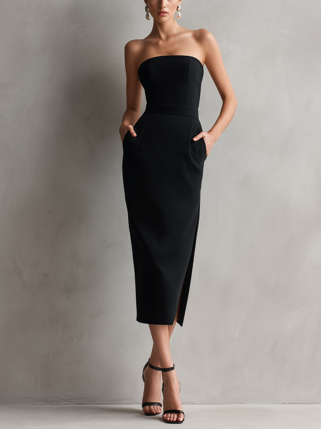 Black Strapless Bodycon Midi Dress