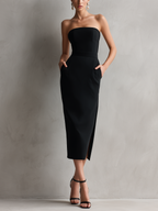 Black Strapless Bodycon Midi Dress
